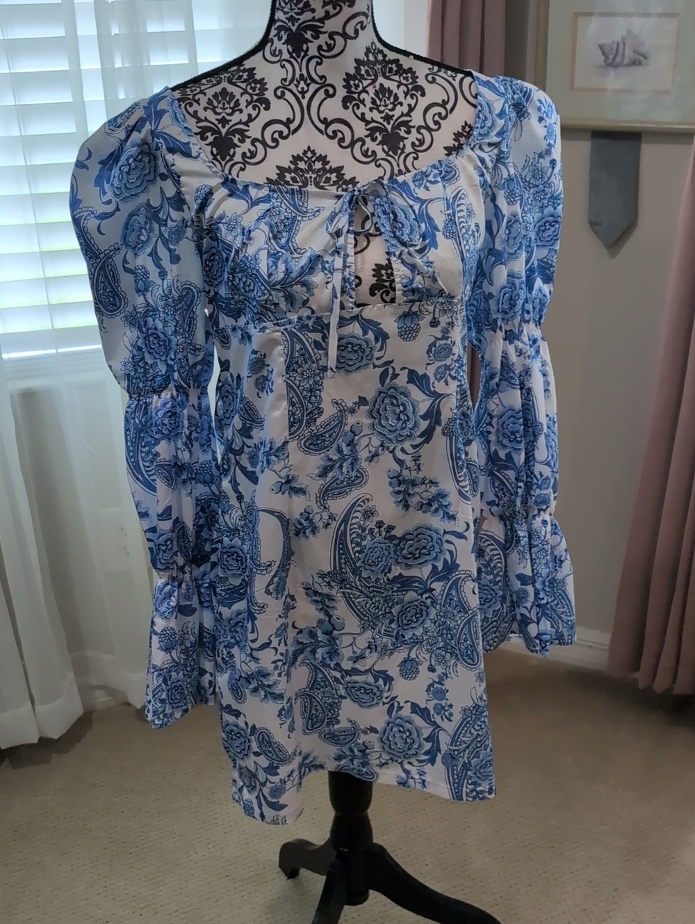 Blue Floral Tie-Neck Peasant Top
